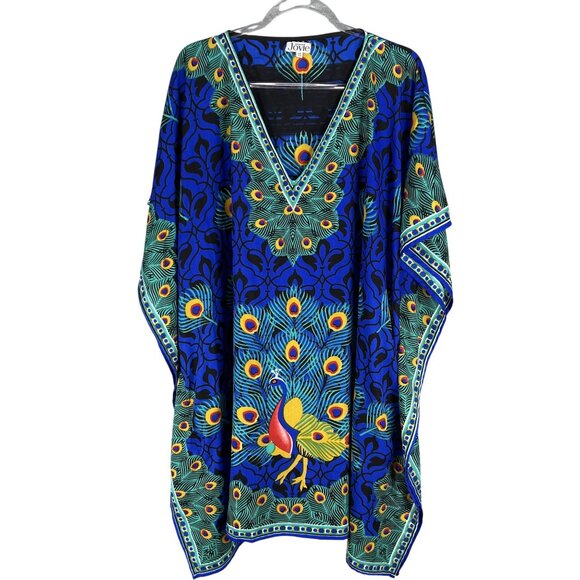 Jovie One Size Peacock Floral Kaftan Long Dress Pockets Vibrant Multicolor Boho - Picture 1 of 14